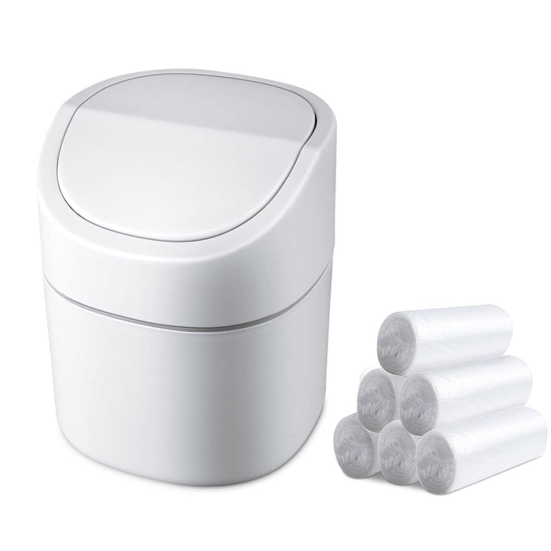 Mini Desk Trash Can with Lid with Trash Bags 180 Pcs Swing-Lid Tiny Countertop Garbage Bin Small Table Top Plastic Covered Waste Basket (White)