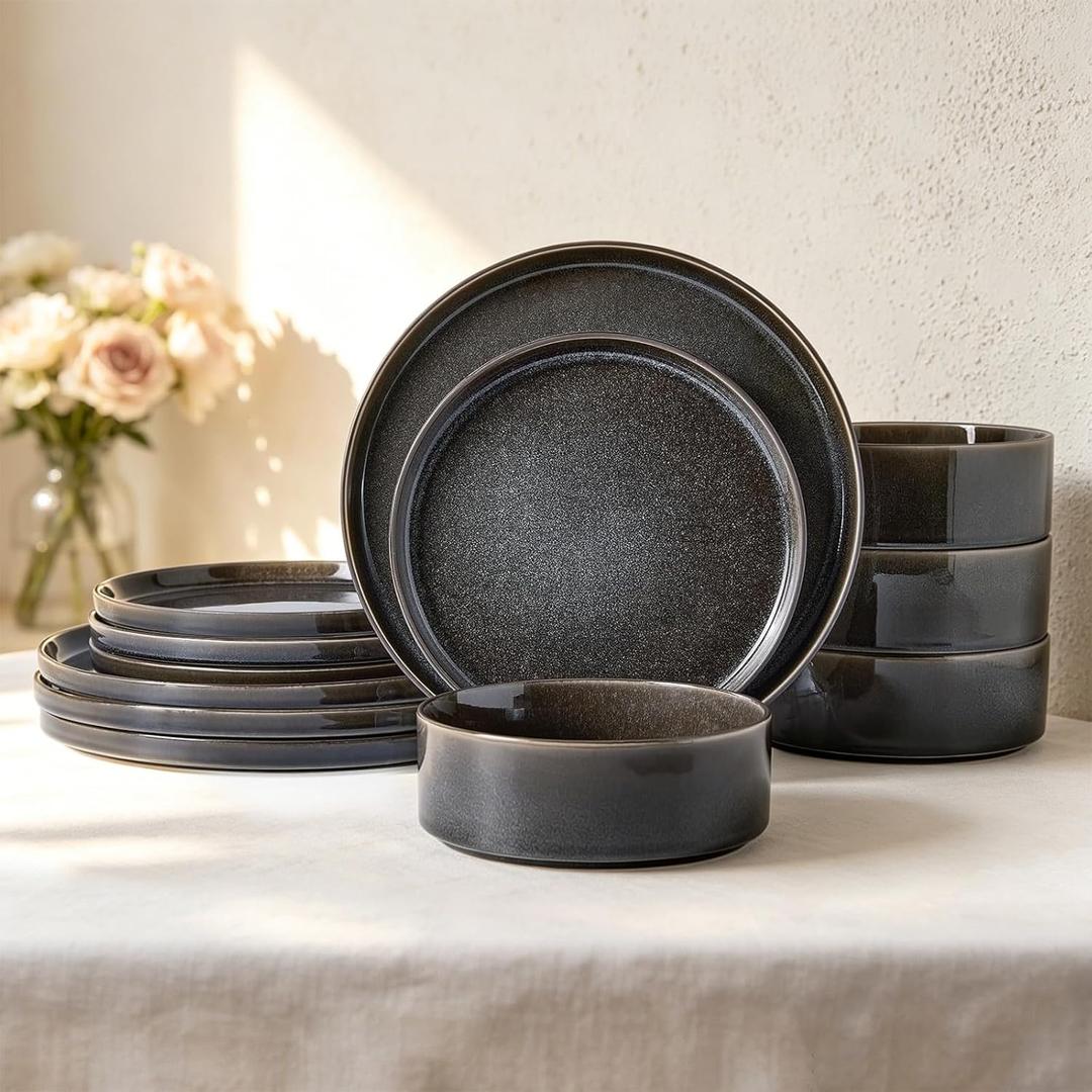 Dinnerware Sets for 4, ceramics Plates and Bowls Set, 12-Piece Modern Stoneware Dinnerware Chip Resistant, Non-Toxic, Dishwasher and Microwave Safe Tableware, Black