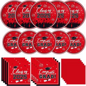 Graduation Plates and Napkins 2025 Grad Party Supplies, Class of 2025 Congrats Grad Disposable Paper Plates Cocktail Napkins Set for 2025 Red Black Graduation Party Decorations Sets, Serve 50