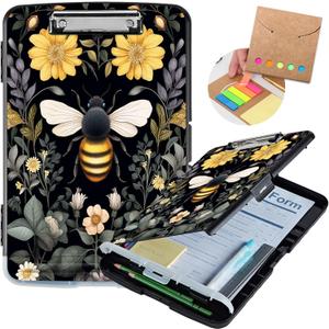 Clipboard with Storage,Heavy Duty Plastic Storage Clipboard with Low Profile Clip, Teacher Must Haves, Office Supplies,Bee and Flowers