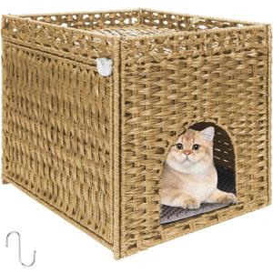 Cat Litter Box Enclosure Furniture Hidden Cabinet - Handwoven Rattan Pet House with 2 Removable Mats - Large Foldable Design for Privacy - Fits Living Room, Bedroom, Balcony Natural (18.5"x19.7"x20.5")