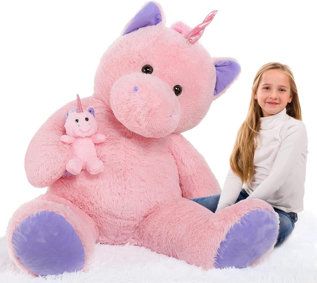 MorisMos Giant Stuffed Unicorn 4 Foot, 51'' Giant Unicorn Stuffed Animal with Baby Pony Doll for Girl Boy Kid Mother, Jumbo Pink Stuffed Animal for Baby Shower Birthday Christmas Valentines (X-Large)