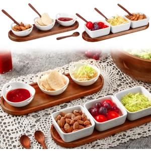 2 Sets Ceramic Chip and Dip Serving with Acacia Wood Tray and Spoons Serving Dishes for Entertaining 3 Dipping Bowls with Handles 3 Square Sauce Cups Condiment Tray for Snacks Appetizers