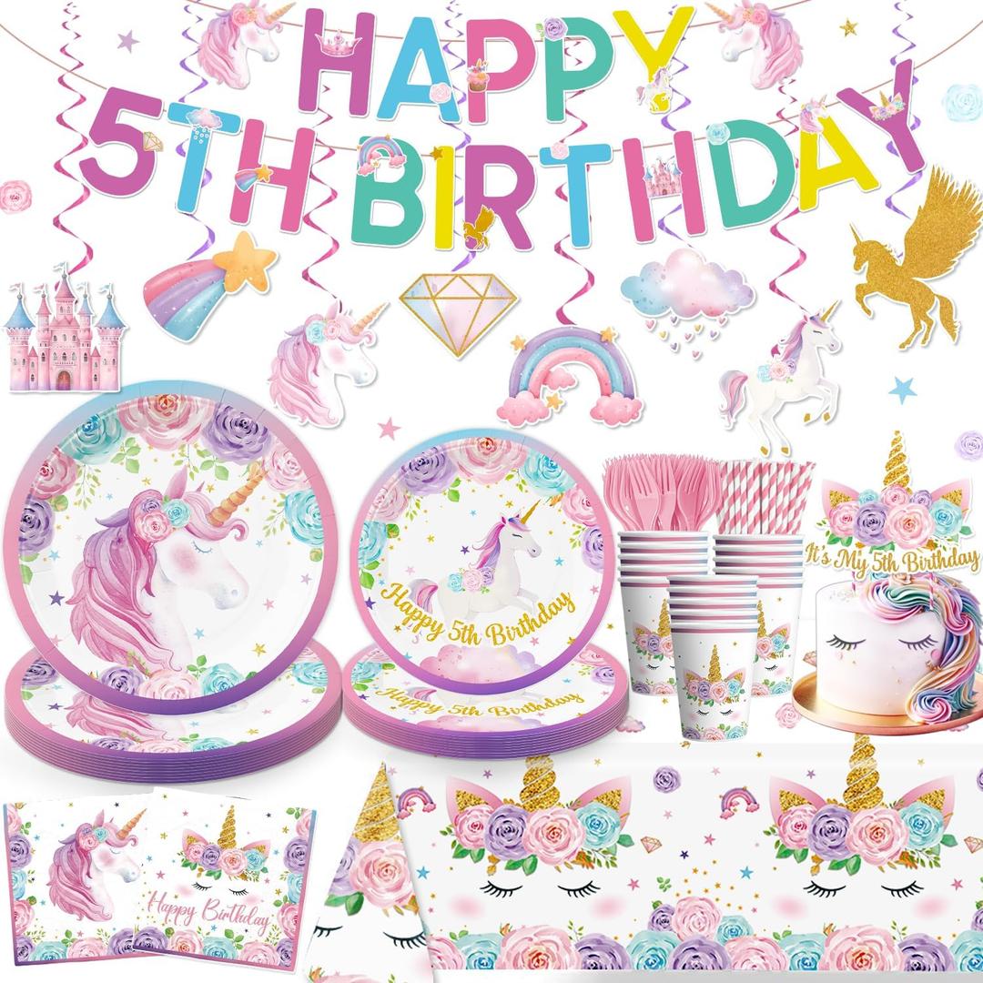 162pcs Unicorn 5th Birthday Decorations for Girl: Unicorn Plates, Napkins, Banner, Hanging Swirls, Tablecloth, Cake Topper - Pink, Purple - Serves 25