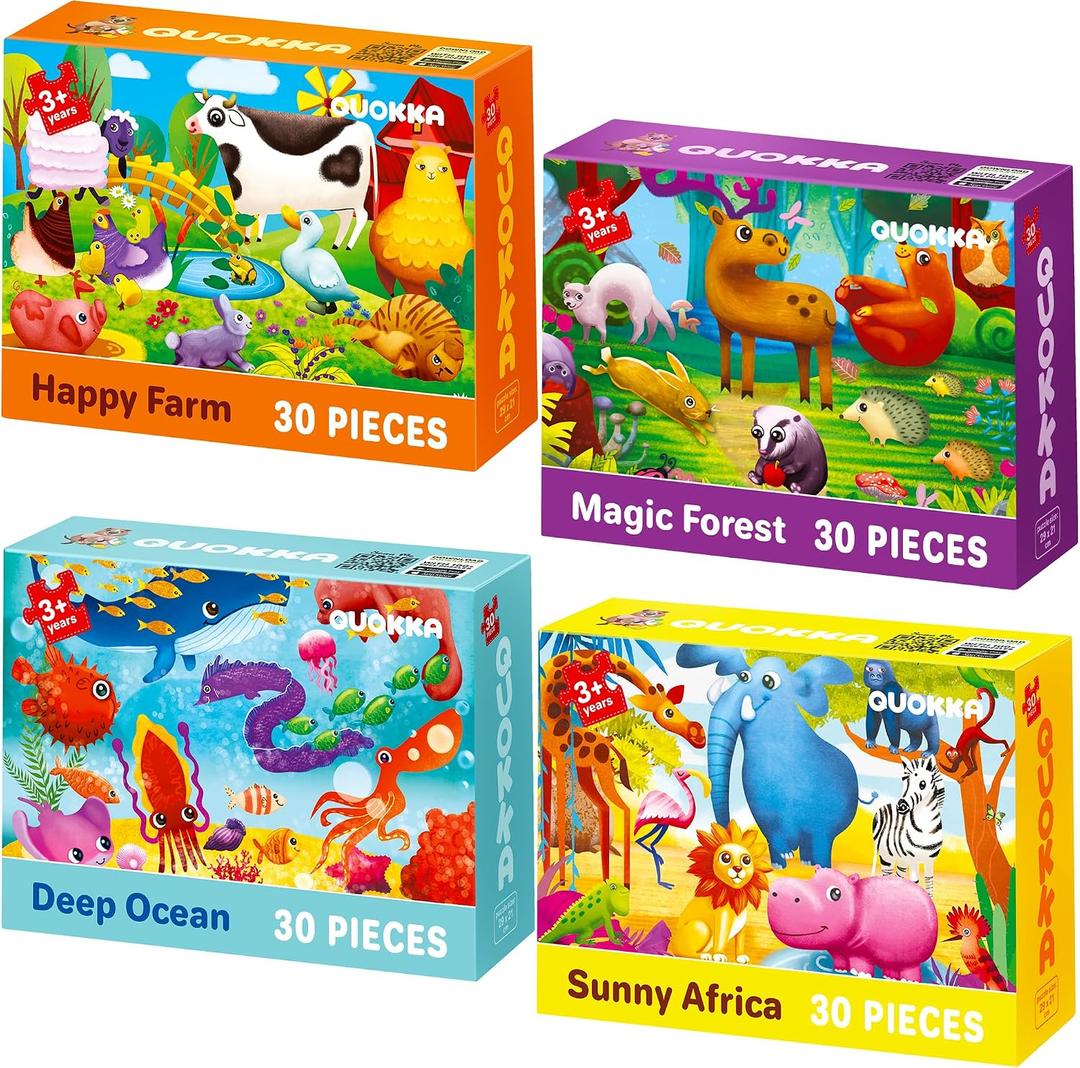 QUOKKA Puzzles for Toddlers 3-5 - 4 x 30 Pieces Puzzles for Kids Ages 2-4 - Animal Learning Jigsaw Puzzle for Kids 4-6 Years Old - Educational Toys for Boy and Girl