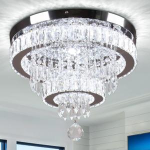 Finktonglan 15.7" Crystal Semi Flush Mount Ceiling Light, 2-Ring LED Crystal Chandelier, Cool White 6500K, Non-Dimmable, Built-in LED for Bedroom Hallway Entryway Dining Room, 16 INCH