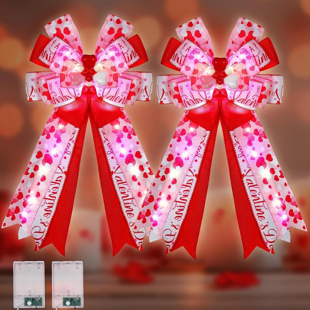 Liliful 2 Pcs Lighted Valentine's Day Bows, 20'' x 11'' Burlap Pink Red Valentines Tree Topper with Heart Decorations, Valentine's Day Wreath Bows for Front Door Porch Fireplace Fence Party Wall Decor