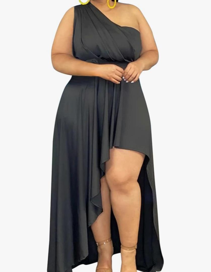 Ekaliy Women's Plus Size One Shoulder Dress Sexy High Low Irregular Hem Flowy Party Cocktail Maxi Dress XXL
