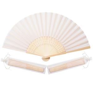 Sepwedd 50pcs Cream-Coloured Imitated Silk Fabric Bamboo Folded Hand Fan Bridal Dancing Props Church Wedding Party Favors with Organza Bags