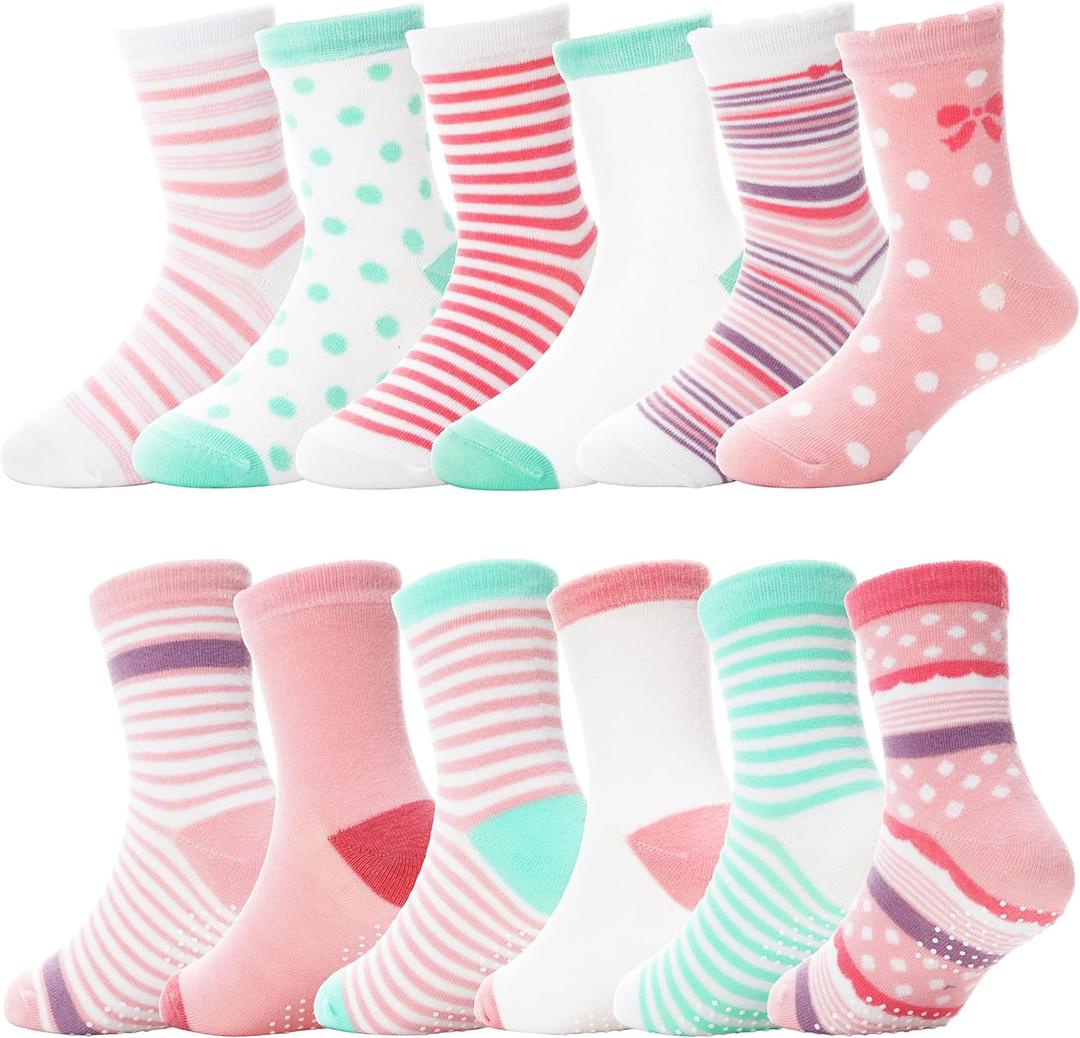ANTSANG Baby Girls Toddlers Grips Socks Kids Non Slip/Anti Skid Unicorn Striped Crew Cotton Gift Socks (5-8 Years, Pink Green)