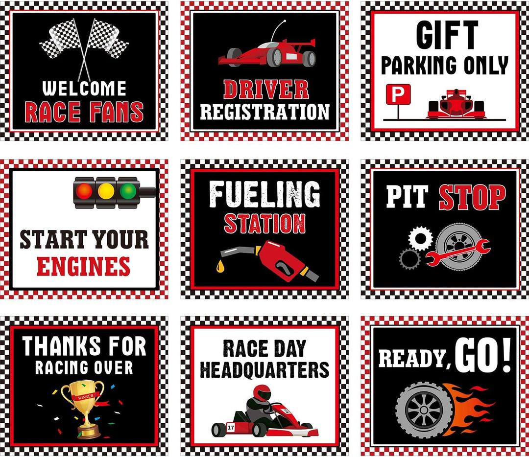 Blulu 9 Pcs Racing Car Party Decoration Supplies Race Cut Outs Bulletin Board Sign Birthday Car Paper Decor Laminated Theme with 40 Glue Point(Classic Style)