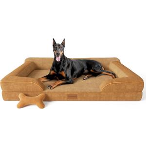 XXL Dog Bed - Giant Orthopedic, Cooling Gel Memory Foam, Waterproof with Removable Cover, 53" Sofa Bed, Dutch Velvet with Bone Toy, Brown