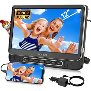 Car DVD Player, WONNIE 12" Portable DVD Player with Headrest Mount, Support 1080P/MP4 Video, HDMI Input/Output, AV Out, AC Adapter, Car Charger, USB Card Reader, Last Memory, All Regions