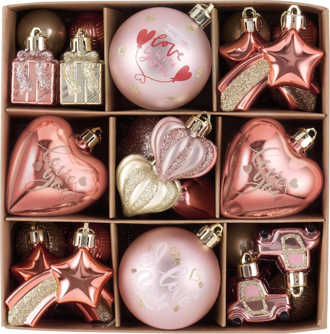 Valery Madelyn 35Pcs Valentines Heart Shaped Ornaments Gift Pack, Christmas Craft Painted Tree Heart Decorations, Pink Rose Gold Christmas Baubles Hanging Party Wedding Anniversary Decor