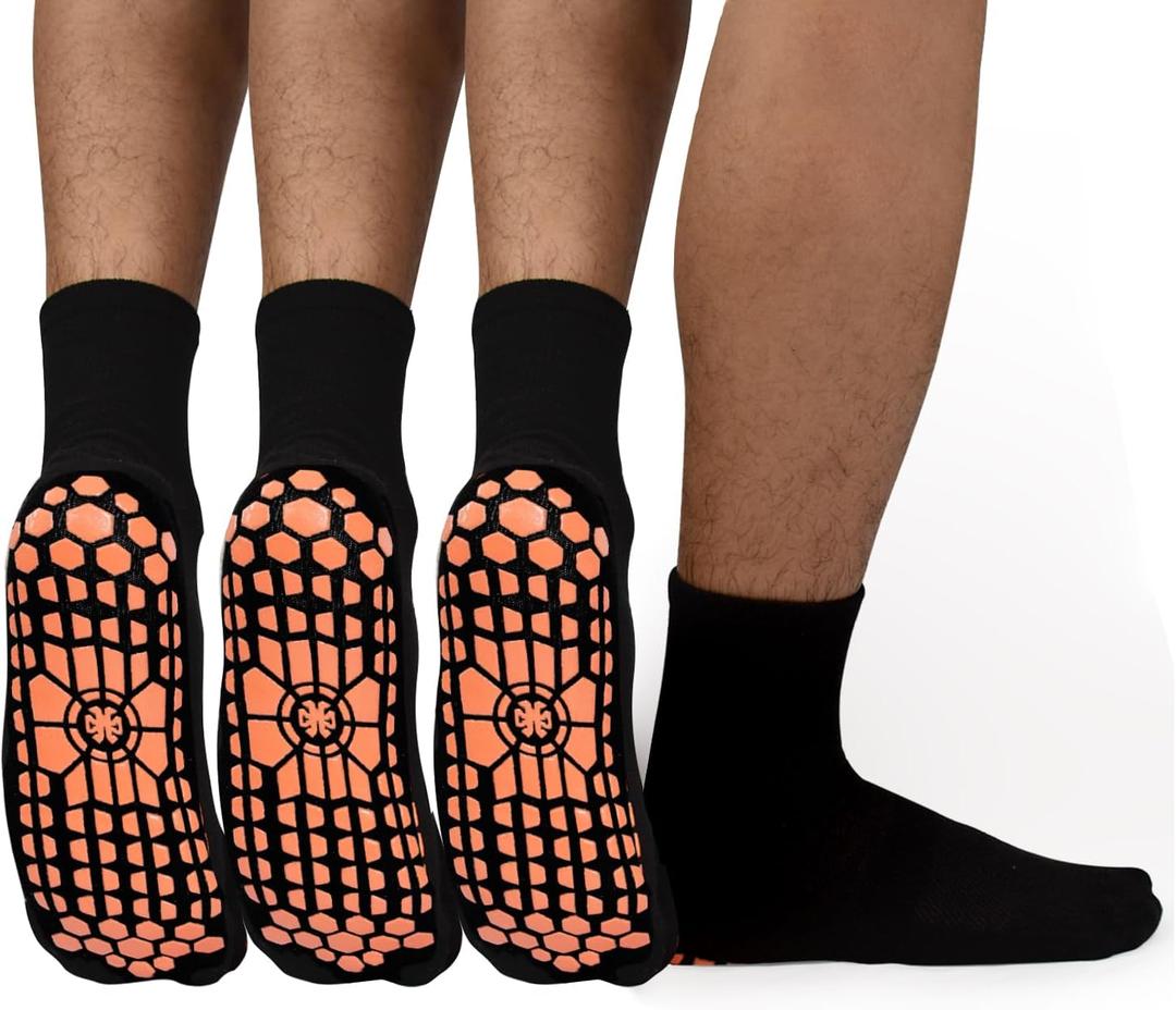 ELUTONG Men Non Slip Sticky Grips Socks 3 Pairs Tile Wood Floors Anti-Skid Workout Yoga Pilates Hospital Slipper Socks (Black) 9-10