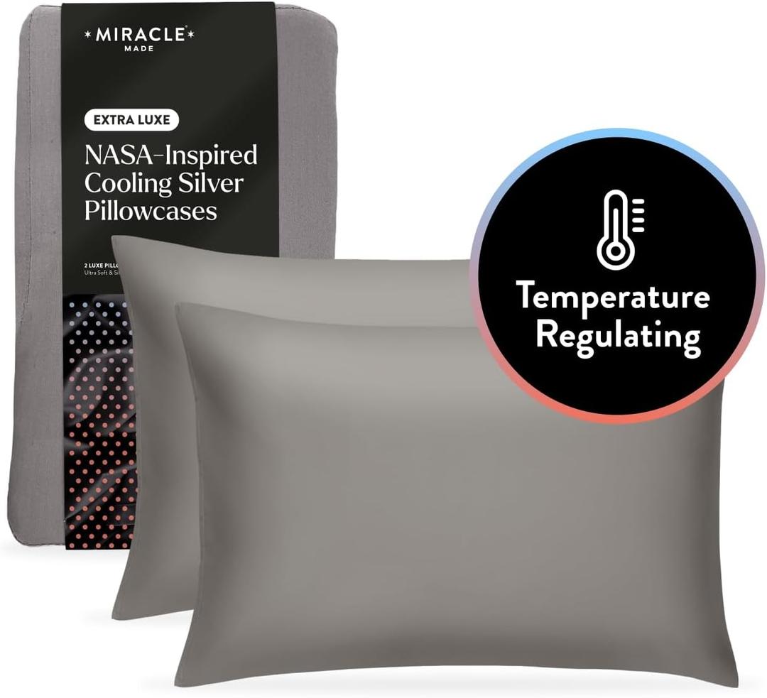 Miracle Made Extra Luxe Cool-to-The-Touch Pillowcase Set, 2-Piece Soft, Breathable, Silver-Treated Cotton Covers Standard Size, Stone