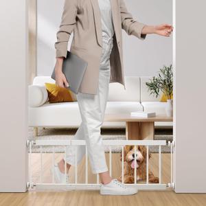 Fldofaves Dog Gate Indoor,18"-45" Extra Wide Metal Short Dog Gate to Step Over, 14" Tall Small Pet Gate with 3 Extension Kits, Pressure Mounted for Doorways & Stairs (White)