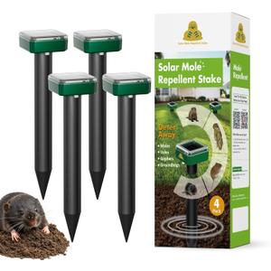 4 Pack Mole Repellent for Lawns Solar Powered Groundhog Spikes, Ultrasonic Mole Stakes for Yard, Waterproof Gopher Repellent to Get Rid of Chipmunk, Vole and Snake for Garden