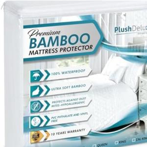 PlushDeluxe Premium Bamboo Mattress Protector – Queen Size, Waterproof, & Ultra Soft Breathable Noiseless Washable Bed Mattress Cover for Comfort & Protection - White