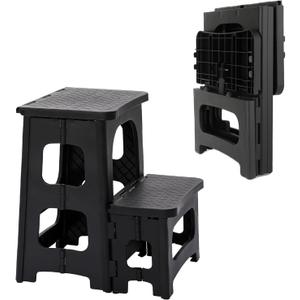 2-Step Folding Stool, Portable Bedside Step Stool, Non-Slip Folding Step Stool Plastic Steps Ladder, Hold up to 300 lbs, Lightweight & Foldable Step Ladder for Kitchen Toilet Office Home RV (Black）