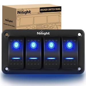 Nilight - 90109D 4 Gang Aluminum Rocker Switch Panel Toggle Dash 5 Pin ON/Off Pre-Wired Rocker Switch Blue Backlit Switch for Automotive Car Marine Boat RV