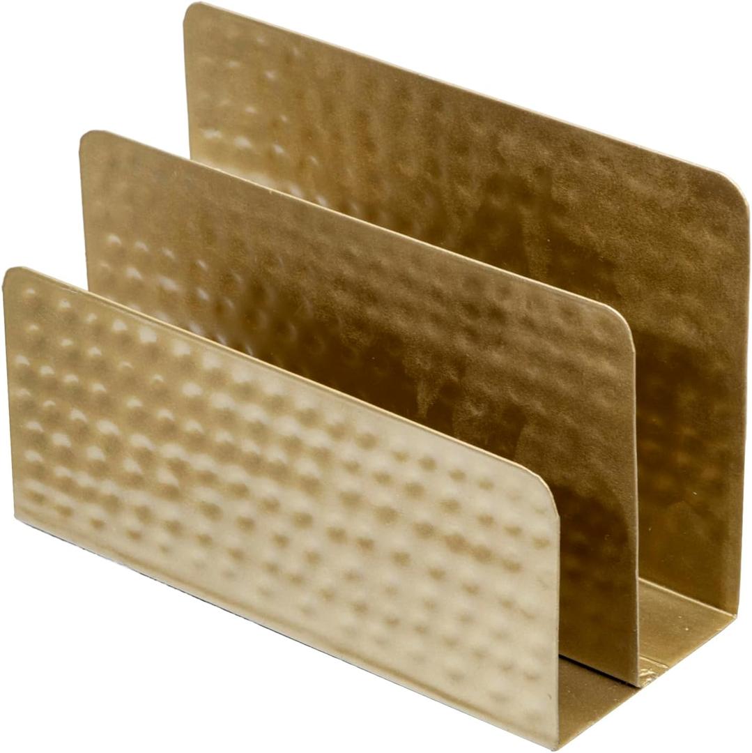 MyGift Modern Vintage Brass Tone Metal Tabletop Mail Holder Letter Sorter with Hammered Design, Office Desktop Storage File Folder Document Organizer Stand with Pebbled Texture - Handcrafted in India, Small