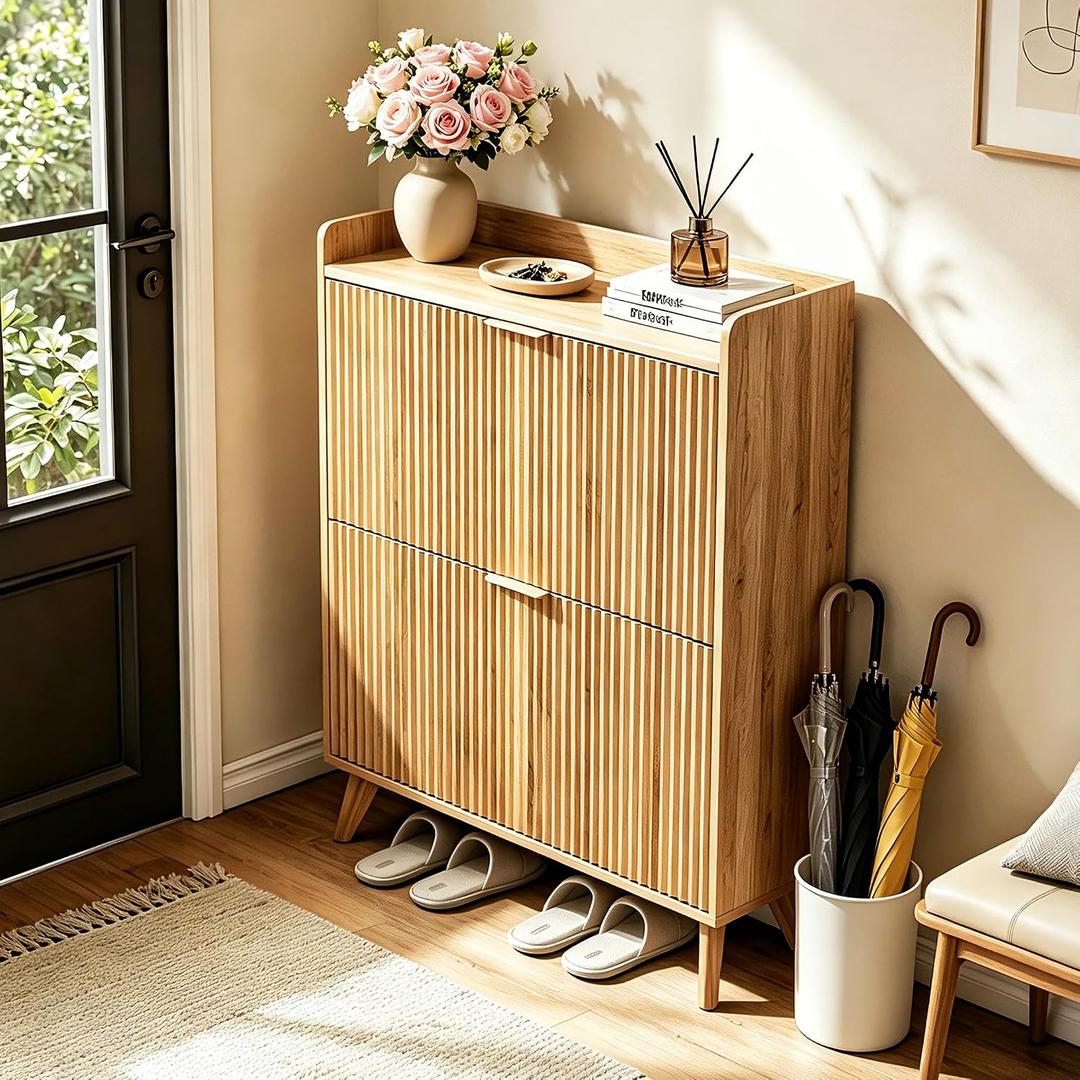 Fluted Shoe Cabinet Storage with 2 Flip Drawers, Wood Narrow Hidden Shoe Organizer with Adjustable Shelf for Entryway, Freestanding Slim Shoe Rack for Hallway Living Room, Saving Space, Oak, 2drawers