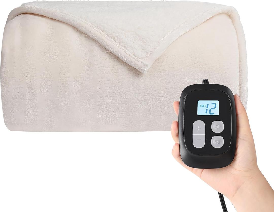 Heated Blanket Electric Blanket Queen Size 84''x90'' with 10 Heating Levels, 1-12 Hour Auto Shut Off, Machine Washable, Dual Controller Soft Warming Blanket for Couch, Bed, Office - White