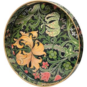 Round Decorative Tray- Flower Vine Style, Marbling Plastic Tray with Handles, Modern Vanity Tray and Serving Tray for Ottoman, Coffee Table, Kitchen and Bathroom, Size 13 INCH (Green)