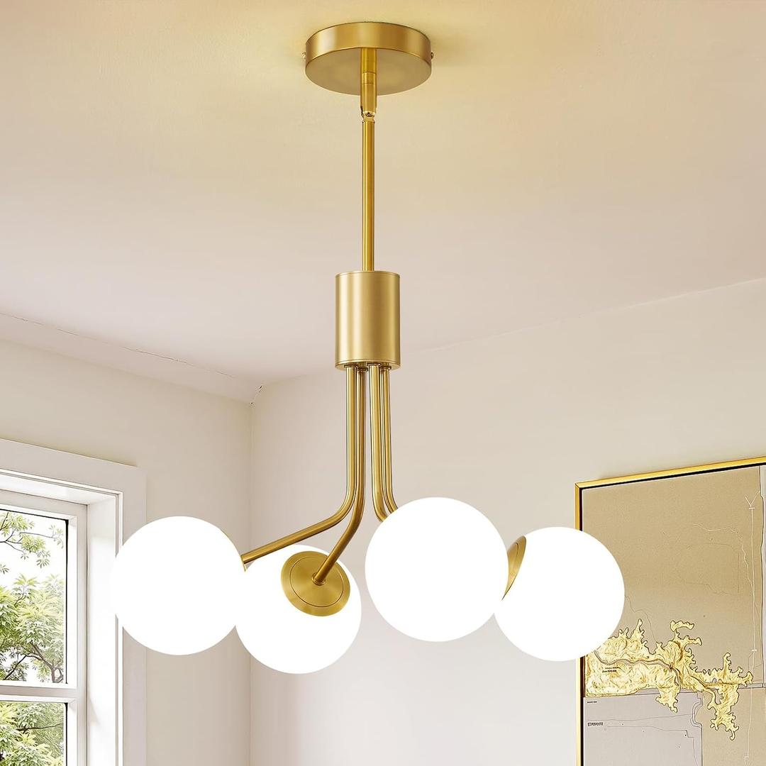 Gold Sputnik Ceiling Light, 4-Light Modern Chandelier with Adjustable Height,Globe Pendant Ceiling Light with Milk Glass Shades, Mid Century Hanging Light Fixture for Living Room Bedroom Foyer
