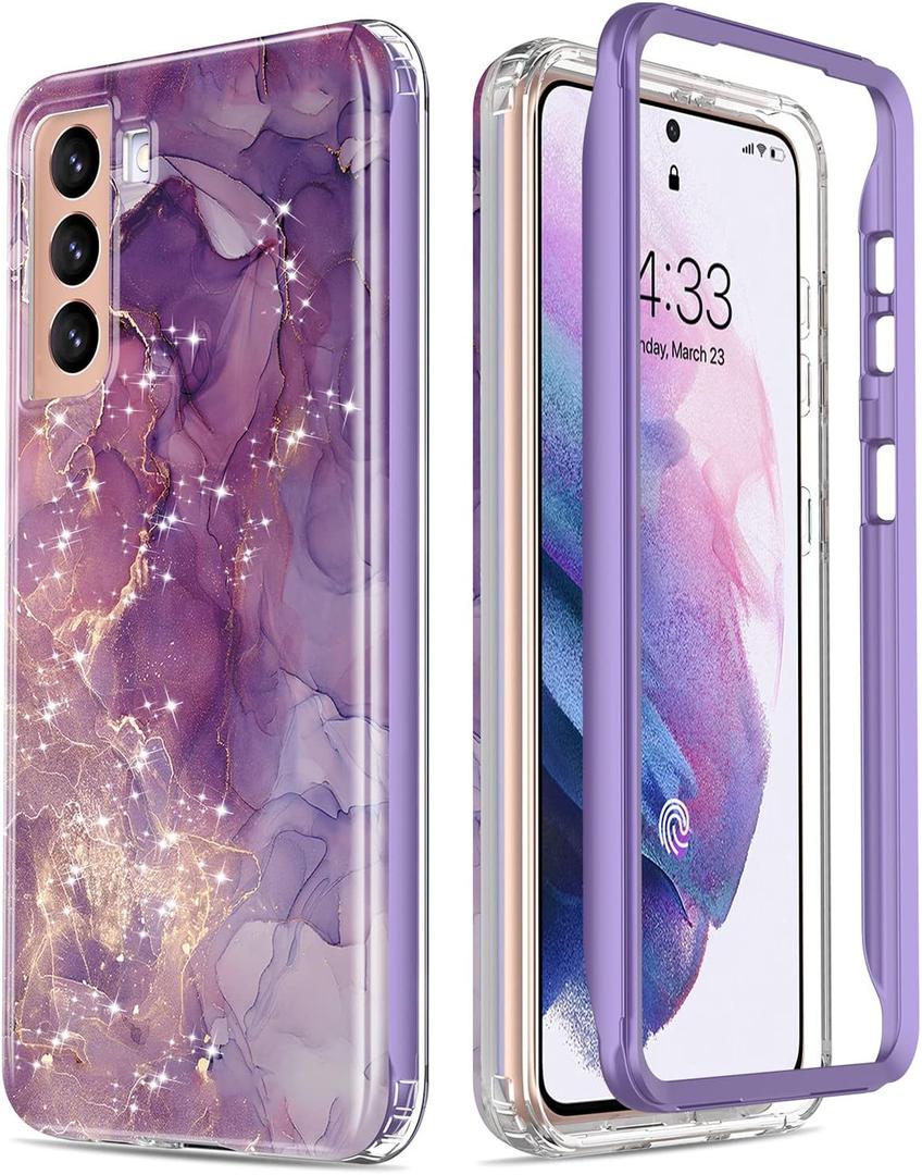 ESDOT for Samsung Galaxy S21 Case, Military Grade Passing 21ft Drop Test, Rugged Cover with Fashionable Designs for Women Girls, Shockproof Protective Phone Case for Galaxy S21 6.2" Glitter Purple Marble