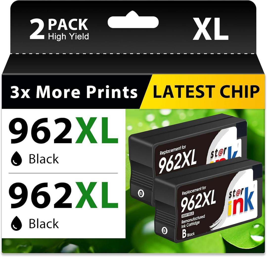 Starink 962 962XL Ink Cartridges Black for HP962XL/962 Ink Replacement for HP 962XL Ink Cartridges Combo Pack Work for HP Officejet Pro 9010 Ink 9015 9020 9018 Printers Ink (2 Black, 962 XL Black Ink)