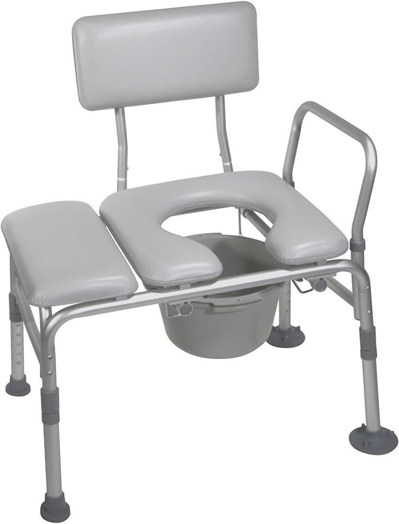 Drive Medical 12005KDC-1 Transfer Bench Commode Chair for Toilet with Padded Seat, Gray