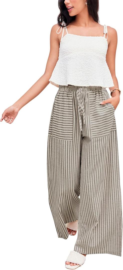 Yeokou Women's Wide Leg Pants Drawstring Striped Cotton Mid Rise Casual Long Palazzo Trousers with Pockets (Beige, L)