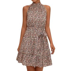 Womens Halter Neck Summer Boho Floral Print Casua  Sleeveless Vintage Ruffle Belt Sexy Dresses Womens Loose Dresses S