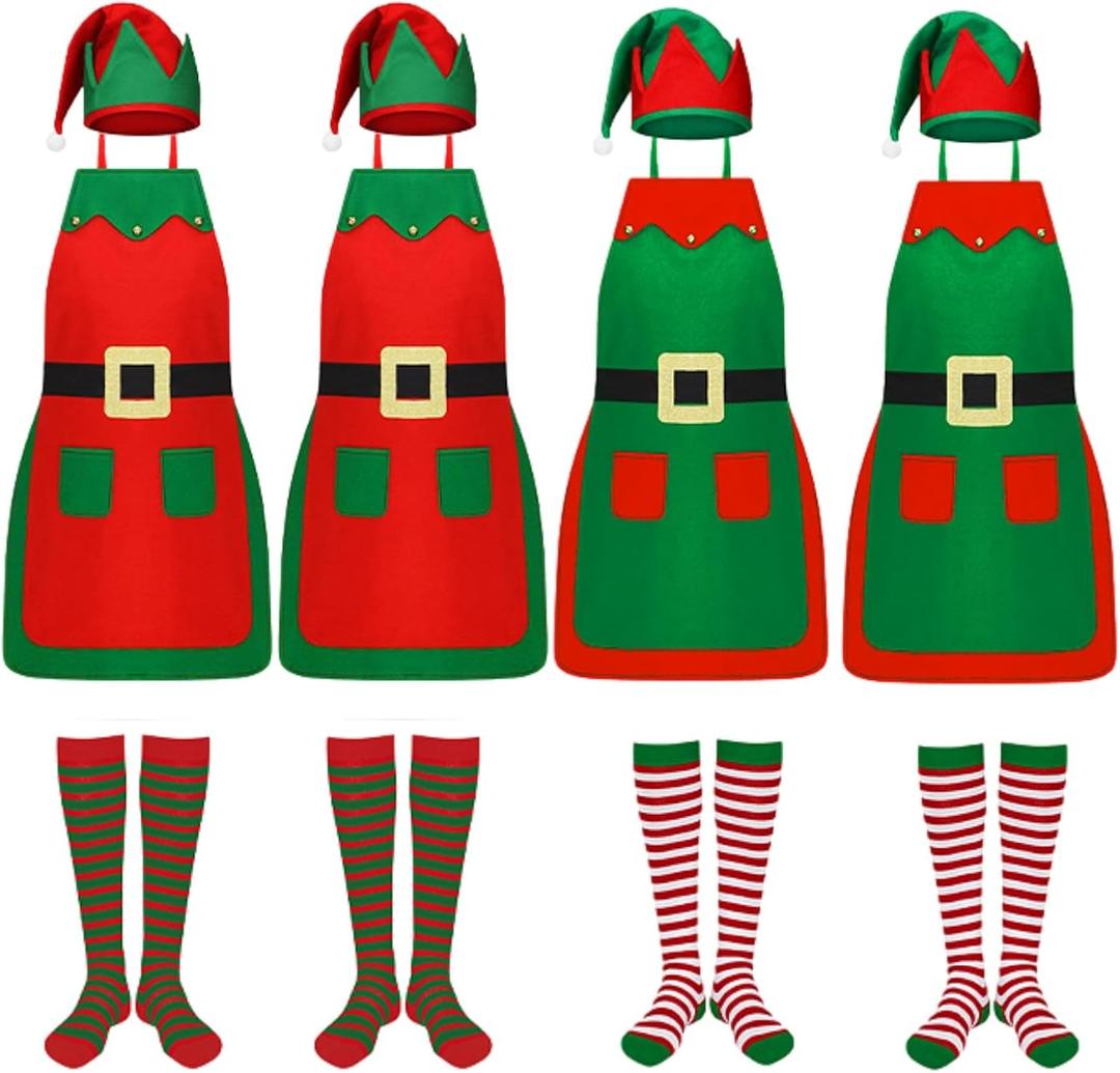 Christmas Elf Apron Set with Hat and Socks Adult Elf Apron Costume with Pocket for Xmas Party Gift Kitchen Baking (Red and Green)