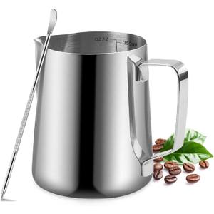 Milk Frothing Pitcher, 350ml/12oz Milk Frother Cup Stainless Steel Jug Steaming Pitcher, Milk Coffee Cappuccino Latte Art Barista Steam Pitchers Milk Jug Cup with Decorating Pen (Silver)