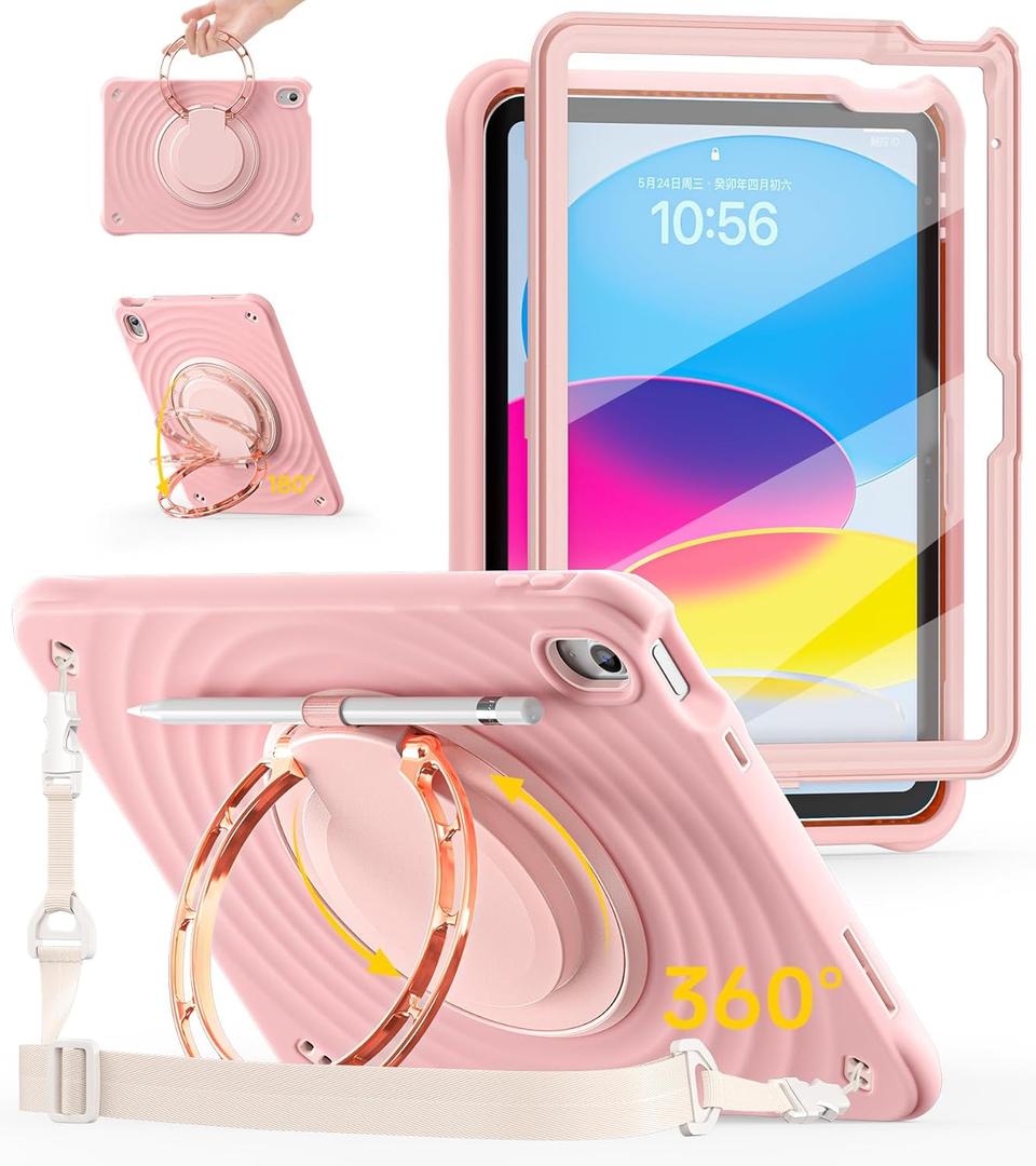 BRAECN Ripple Case for iPad (A16)11th/10th Generation 11/10.9 inch 2025/2022 Zinc Alloy Handle Ring Stand Protective Heavy Duty Screen Protector 360Rotating 180Folding Shoulder Strap Full-Body Cover (Primrose Pink)