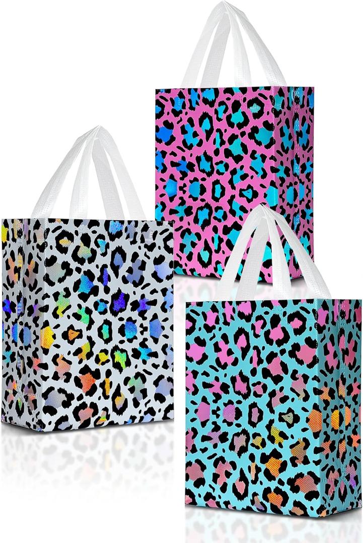 3 x Nush Nush Leopard Print Gift Bags with Handles - Medium Size, 6 Pack in 3 Iridescent Holographic Colors - Reusable Cheetah Gift Bag for Safari Party Favors, Jungle Theme, Girl Parties