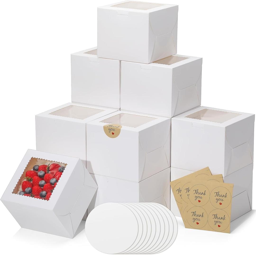 10pcs 6 Inch Cake Boxes with Sticks and Boards for Cookies, Small Cakes, Mini Desserts, Bento, and Bakery, Cupcake Box for Birthday, Party, Wedding, Mother's Day, Christmas6x6x5 inch