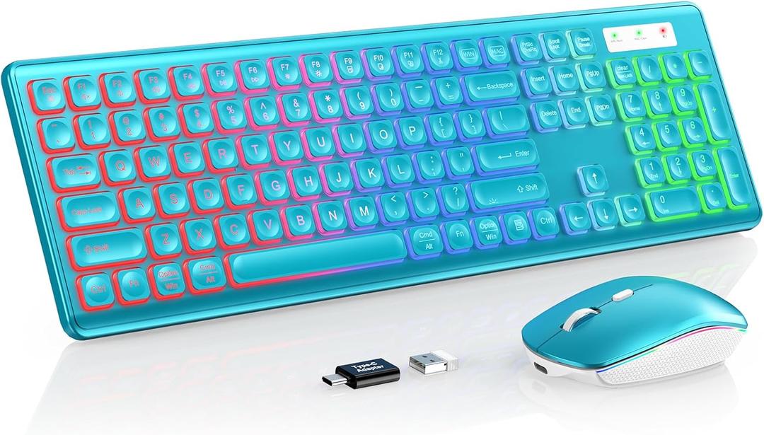 Wireless Keyboard and Mouse Combo - RGB Backlit, Rechargeable & Light Up Letters, Full-Size, Ergonomic Tilt Angle, Sleep Mode, 2.4GHz Quiet Keyboard Mouse for Mac, Windows, Laptop, PC (Metallic Blue)