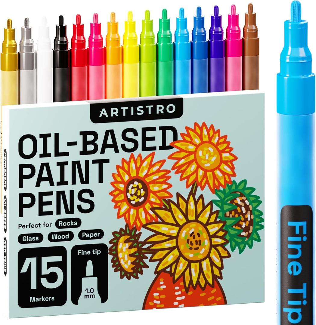 ARTISTRO 15 Oil-Based Permanent Paint Markers - Assorted Sets of Fine and Medium Tip Markers for Wood, Rock, Fabric, Glass, Ceramic, Metal, Plastic, and More - Quick Dry, Waterproof, Permanent