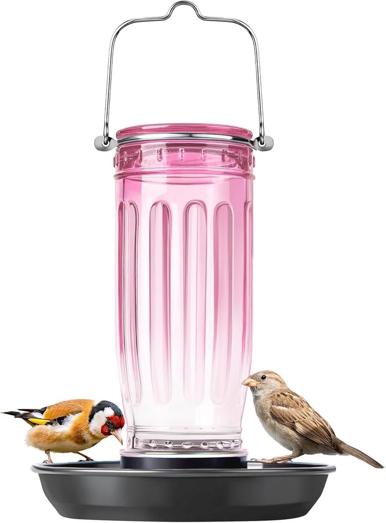 Kingsyard Glass Bird Water Dispenser for Outdoor, 16 Oz, Bird Water Feeder with Metal Hanging for Garden Yard Fence Decoration Hummingbird Cardinal Bluebird Finch, Pink