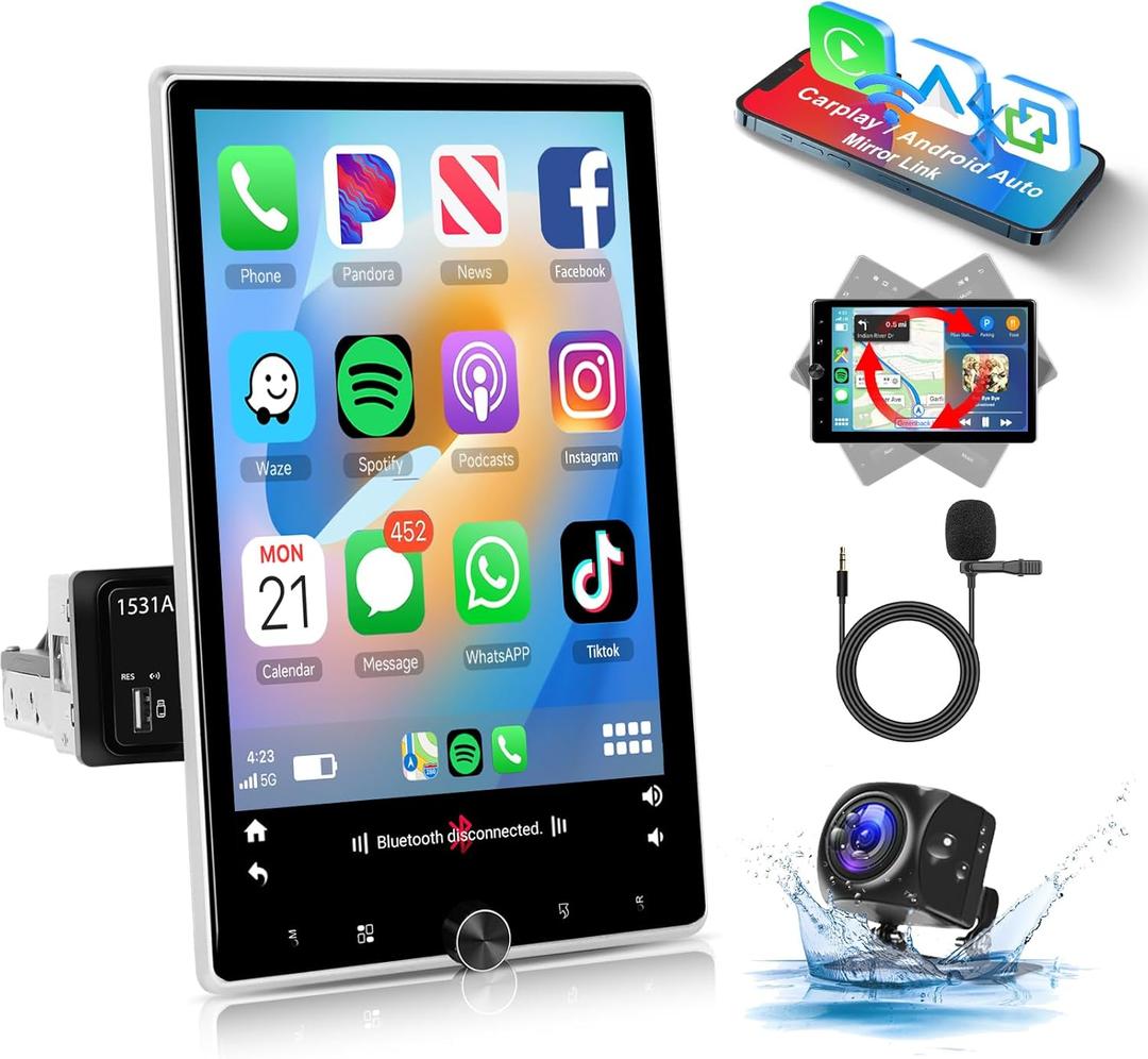 [2G+64G] 10.4" Single Din Car Radio with Wireless Carplay Android Auto, Android Rotatable Touch Screen Radio with GPS, WiFi, Mirror Link, Bluetooth, FM/RDS, Camera, SWC