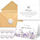 Funeral Thank You Cards with Envelopes, Set of 50, Purple Watercolor Floral Butterfly Design 4x6In Message Inside Sympathy Thank You Card for Funeral Bereavement