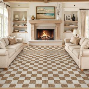 LIVEBOX 9x12 Area Rugs for Living Room, Checkered Non-Slip Washable Rugs, Farmhouse Neutral Classic Geometric Large Boys Area Rug for Bedroom, Carpet for Living Dining Room Office(Brown,9'x12')