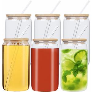 16oz Glass Cups with Bamboo Lids and Straws, Reusable Drinking Glasses Set, Classic Iced Coffee Cup for Smoothies Water Juice Beer, BPA-Free Glass Tumbler Set (16oz 6pack clear)