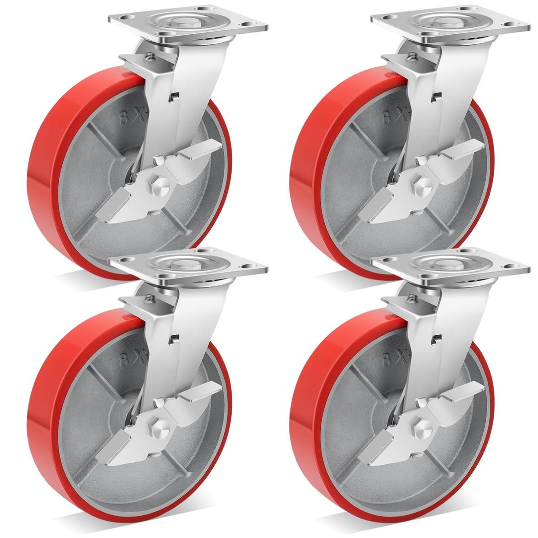 W B D WEIBIDA Heavy Duty Casters Set of 4, 8 Inch Industrial Locking Caster Wheels with 6000 LBS, No Noise Polyurethane Wheel on Steel Hub Swivel Plate Caster for Tool Cart, Workbench(4 Brake)