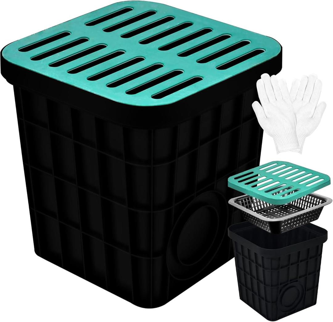 18x18x15 in Large Catch Basin for Drainage with Debris Basket,Catch Basin with Fiber Glass Grate,French Drain Catch Basin Without pre drilled Holes are Suitable for courtyards, downspouts, lawns
