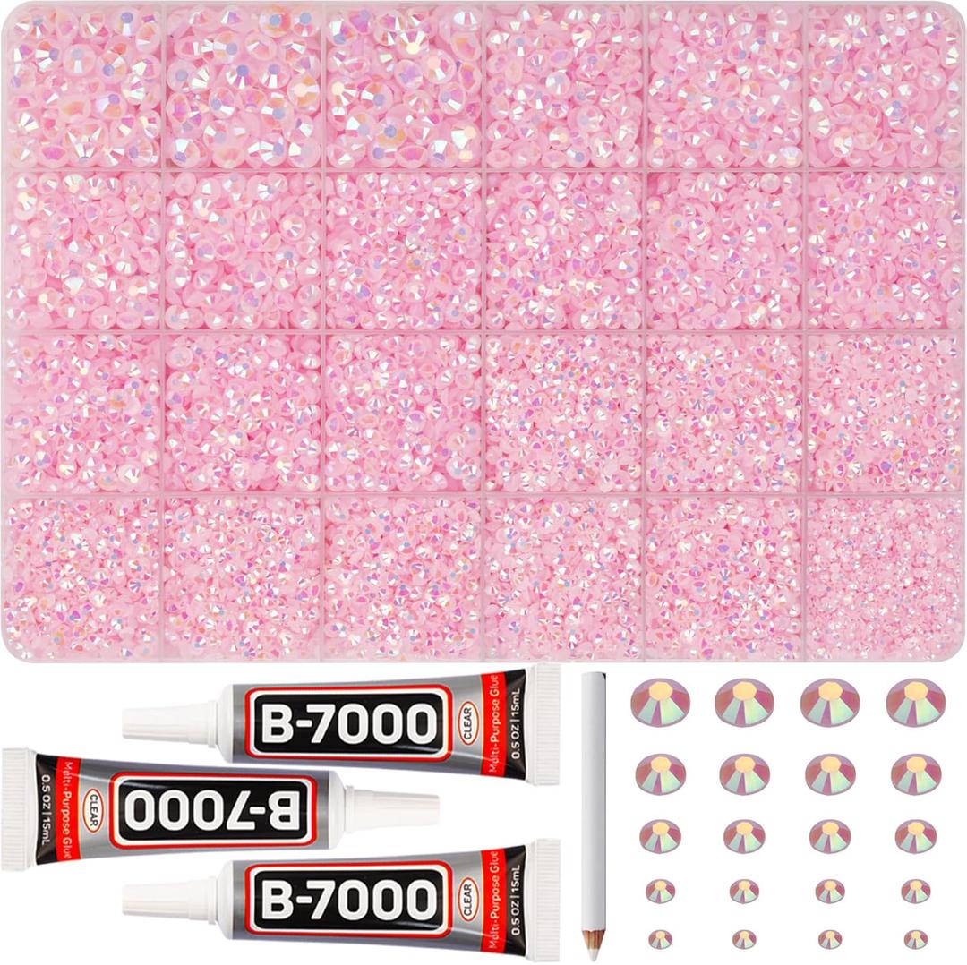 31000Pcs Pink Resin Rhinestones for Bedazzling, 2-6mm Mixed Sizes Jelly Pink AB Bedazzle Flatback Gems Diamonds Crystals Stones Bling Jewels, Bedazzled Kit for Crafts Clothes with B7000 Jewelry Glue (Large Pack + 3pcs Glue)